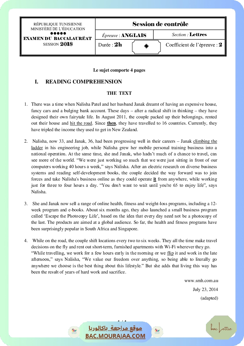Corrigé controle anglais Bac 2018 – Section lettre